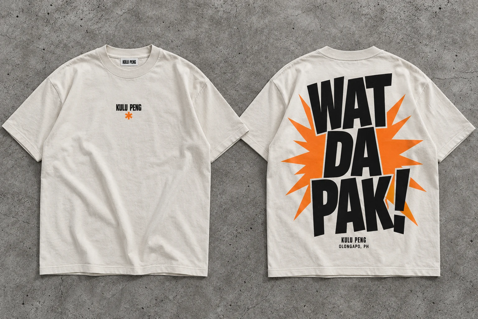 Watdapak bone T-shirt concept: small Kulu Peng front mark and huge black WAT DA PAK! lettering over an orange burst on the back